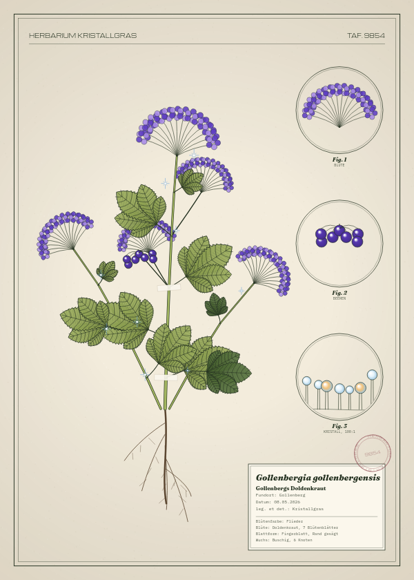 Botanische Tafel: Gollenbergia gollenbergensis, eine erfundene Pflanze aus Gollenberg, gezeichnet wie in einem alten Pflanzenatlas