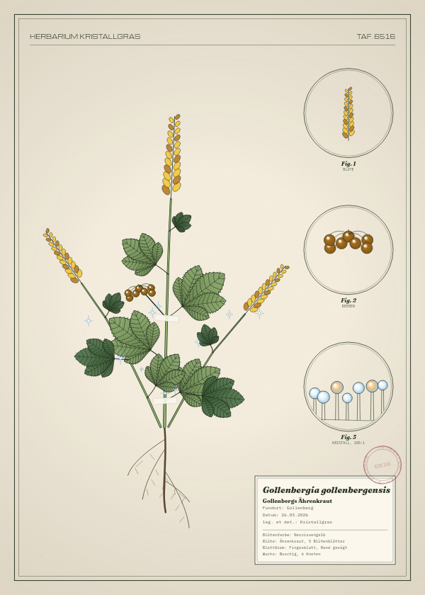 Botanische Tafel: Gollenbergia gollenbergensis, eine erfundene Pflanze aus Gollenberg, gezeichnet wie in einem alten Pflanzenatlas
