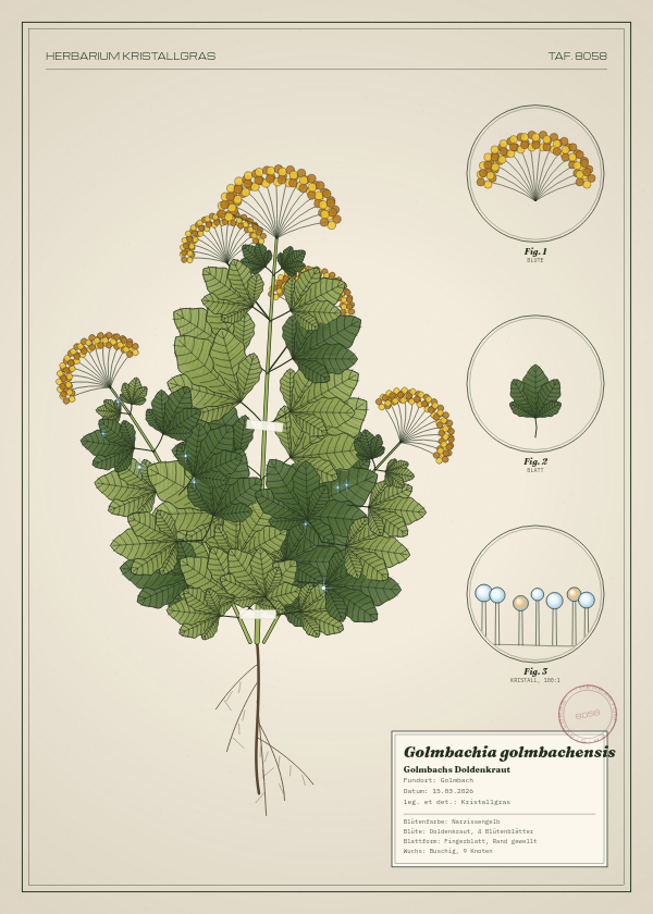 Botanische Tafel: Golmbachia golmbachensis, eine erfundene Pflanze aus Golmbach, gezeichnet wie in einem alten Pflanzenatlas