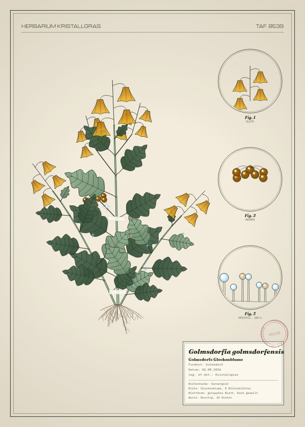 Botanische Tafel: Golmsdorfia golmsdorfensis, eine erfundene Pflanze aus Golmsdorf, gezeichnet wie in einem alten Pflanzenatlas