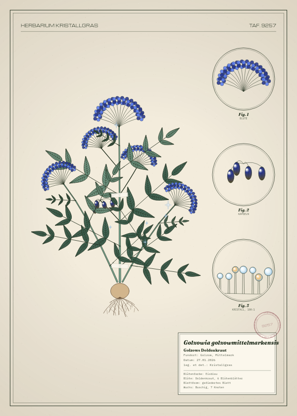 Botanische Tafel: Golzowia golzowmittelmarkensis, eine erfundene Pflanze aus Golzow, Mittelmark, gezeichnet wie in einem alten Pflanzenatlas