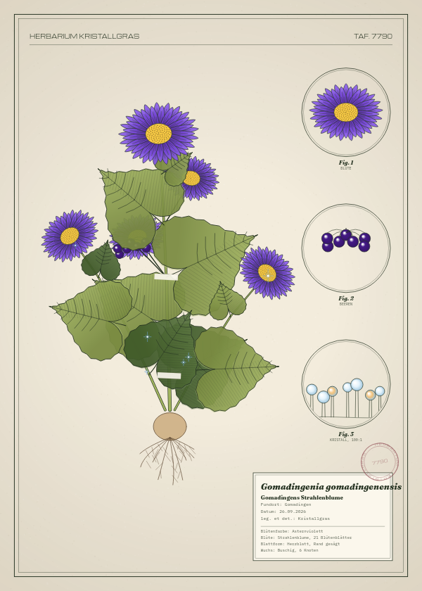 Botanische Tafel: Gomadingenia gomadingenensis, eine erfundene Pflanze aus Gomadingen, gezeichnet wie in einem alten Pflanzenatlas