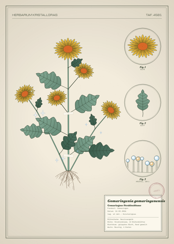 Botanische Tafel: Gomaringenia gomaringenensis, eine erfundene Pflanze aus Gomaringen, gezeichnet wie in einem alten Pflanzenatlas