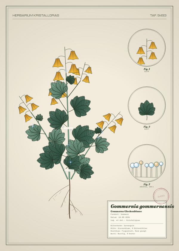 Botanische Tafel: Gommernia gommernensis, eine erfundene Pflanze aus Gommern, gezeichnet wie in einem alten Pflanzenatlas