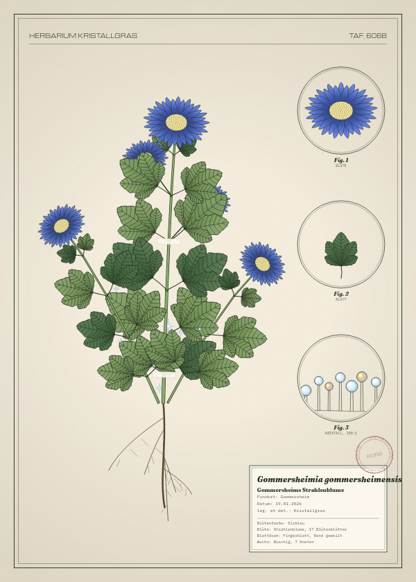 Botanische Tafel: Gommersheimia gommersheimensis, eine erfundene Pflanze aus Gommersheim, gezeichnet wie in einem alten Pflanzenatlas