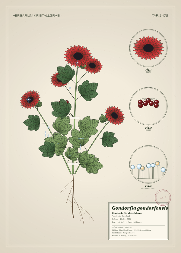 Botanische Tafel: Gondorfia gondorfensis, eine erfundene Pflanze aus Gondorf, gezeichnet wie in einem alten Pflanzenatlas