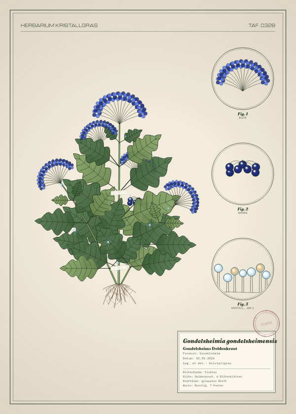 Botanische Tafel: Gondelsheimia gondelsheimensis, eine erfundene Pflanze aus Gondelsheim, gezeichnet wie in einem alten Pflanzenatlas