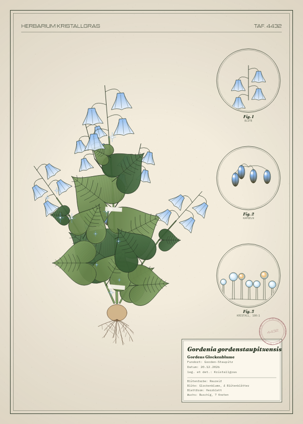 Botanische Tafel: Gordenia gordenstaupitzensis, eine erfundene Pflanze aus Gorden-Staupitz, gezeichnet wie in einem alten Pflanzenatlas
