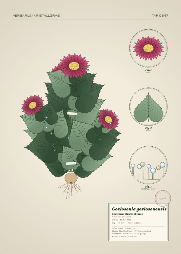 Botanische Tafel: Gorlosenia gorlosenensis, eine erfundene Pflanze aus Gorlosen, gezeichnet wie in einem alten Pflanzenatlas