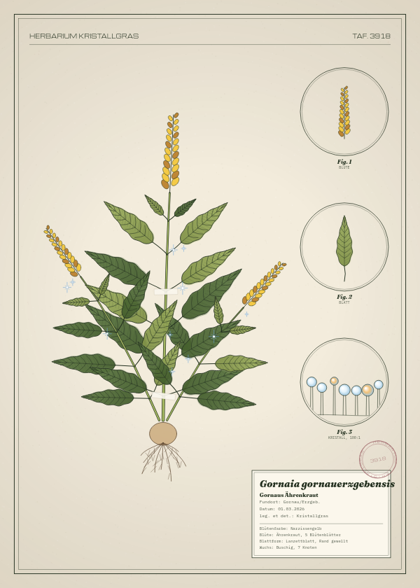 Botanische Tafel: Gornaia gornauerzgebensis, eine erfundene Pflanze aus Gornau/Erzgeb., gezeichnet wie in einem alten Pflanzenatlas
