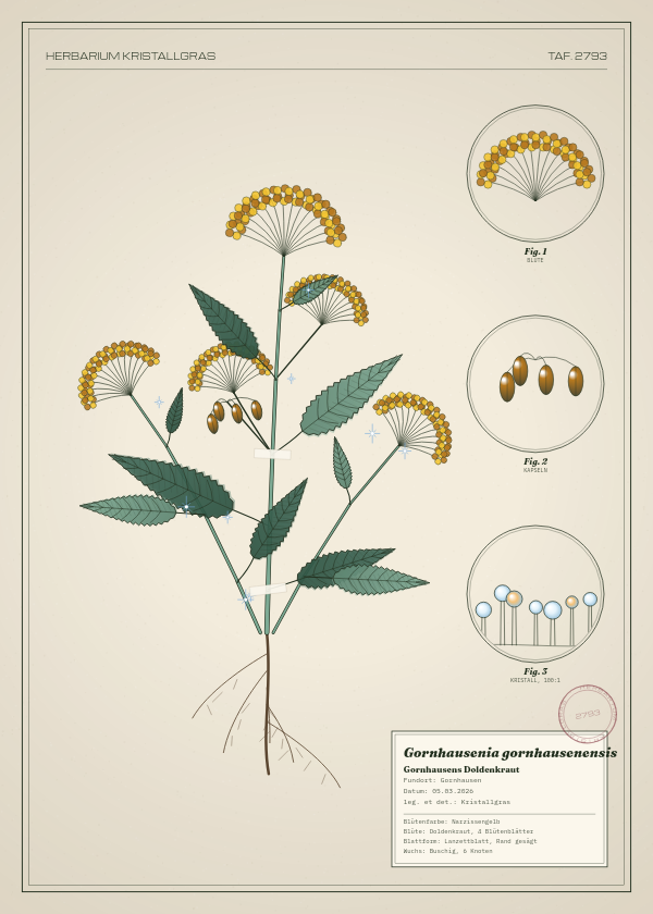 Botanische Tafel: Gornhausenia gornhausenensis, eine erfundene Pflanze aus Gornhausen, gezeichnet wie in einem alten Pflanzenatlas