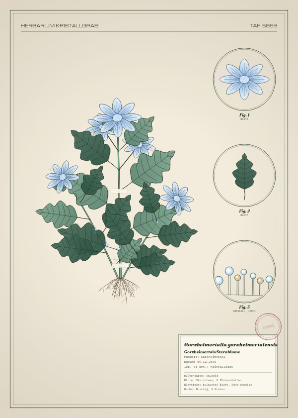 Botanische Tafel: Gorxheimertalia gorxheimertalensis, eine erfundene Pflanze aus Gorxheimertal, gezeichnet wie in einem alten Pflanzenatlas