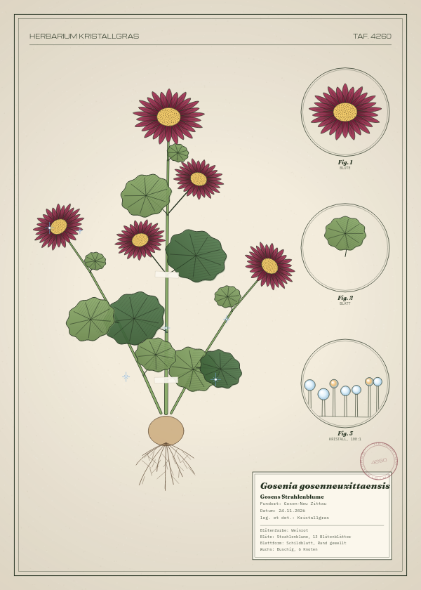 Botanische Tafel: Gosenia gosenneuzittaensis, eine erfundene Pflanze aus Gosen-Neu Zittau, gezeichnet wie in einem alten Pflanzenatlas