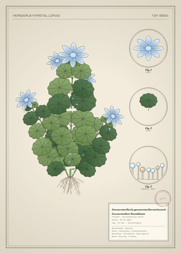 Botanische Tafel: Gossersweileria gossersweilersteinensis, eine erfundene Pflanze aus Gossersweiler-Stein, gezeichnet wie in einem alten Pflanzenatlas