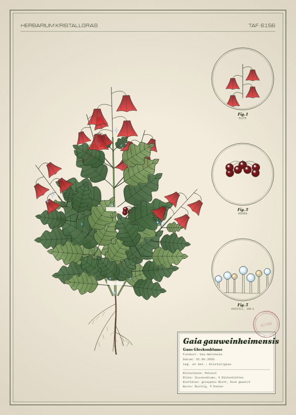 Botanische Tafel: Gaia gauweinheimensis, eine erfundene Pflanze aus Gau-Weinheim, gezeichnet wie in einem alten Pflanzenatlas