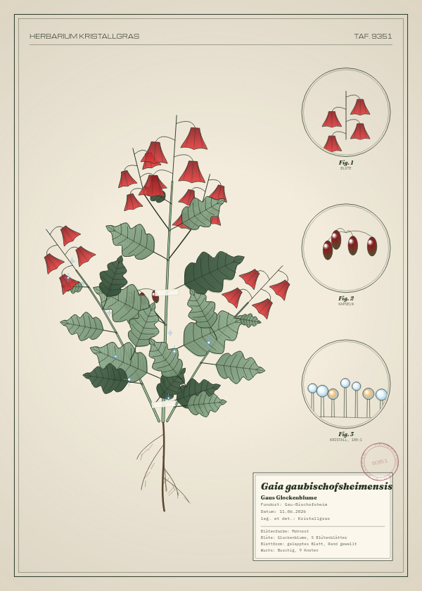 Botanische Tafel: Gaia gaubischofsheimensis, eine erfundene Pflanze aus Gau-Bischofsheim, gezeichnet wie in einem alten Pflanzenatlas