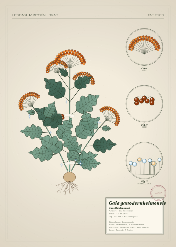 Botanische Tafel: Gaia gauodernheimensis, eine erfundene Pflanze aus Gau-Odernheim, gezeichnet wie in einem alten Pflanzenatlas
