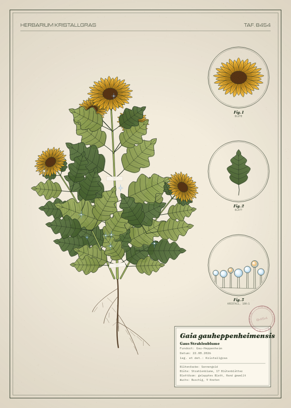 Botanische Tafel: Gaia gauheppenheimensis, eine erfundene Pflanze aus Gau-Heppenheim, gezeichnet wie in einem alten Pflanzenatlas