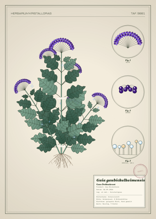 Botanische Tafel: Gaia gaubickelheimensis, eine erfundene Pflanze aus Gau-Bickelheim, gezeichnet wie in einem alten Pflanzenatlas