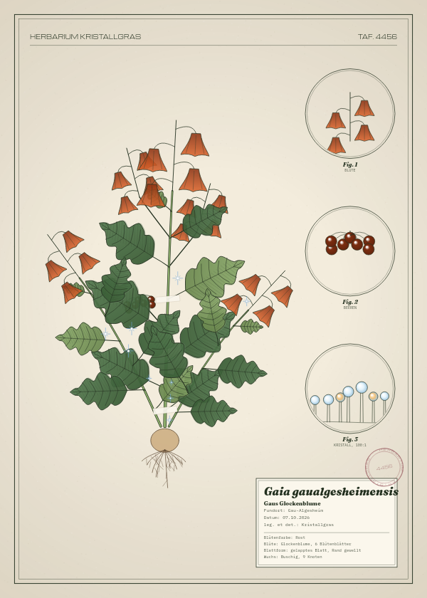 Botanische Tafel: Gaia gaualgesheimensis, eine erfundene Pflanze aus Gau-Algesheim, gezeichnet wie in einem alten Pflanzenatlas