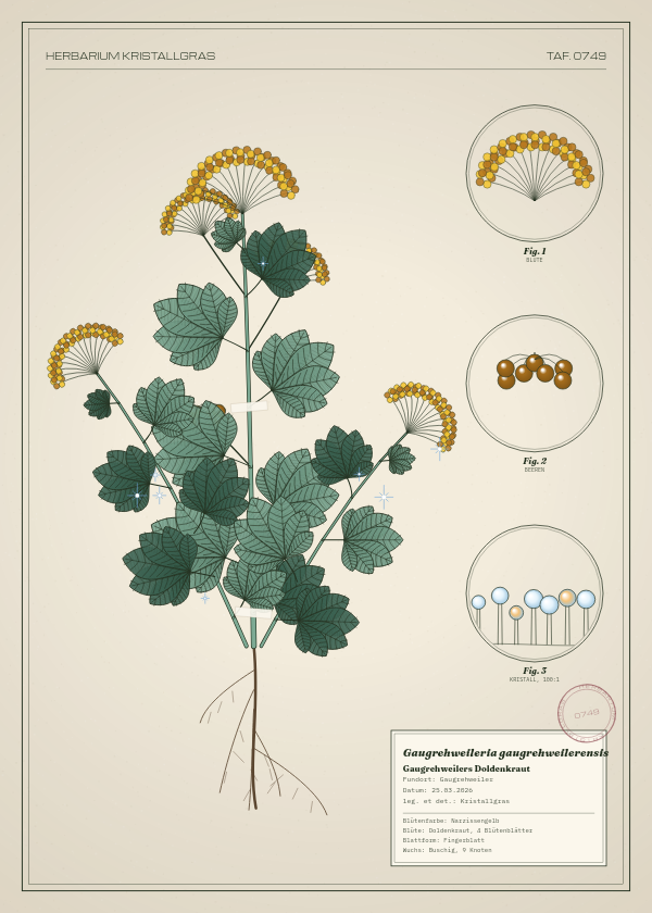 Botanische Tafel: Gaugrehweileria gaugrehweilerensis, eine erfundene Pflanze aus Gaugrehweiler, gezeichnet wie in einem alten Pflanzenatlas