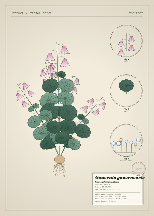 Botanische Tafel: Gauernia gauernensis, eine erfundene Pflanze aus Gauern, gezeichnet wie in einem alten Pflanzenatlas