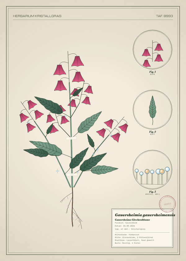 Botanische Tafel: Gauersheimia gauersheimensis, eine erfundene Pflanze aus Gauersheim, gezeichnet wie in einem alten Pflanzenatlas