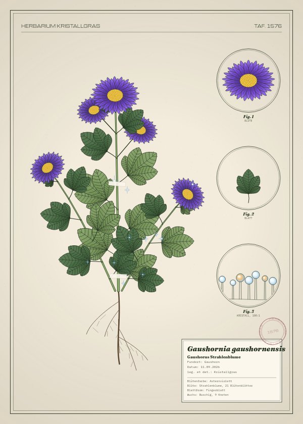 Botanische Tafel: Gaushornia gaushornensis, eine erfundene Pflanze aus Gaushorn, gezeichnet wie in einem alten Pflanzenatlas