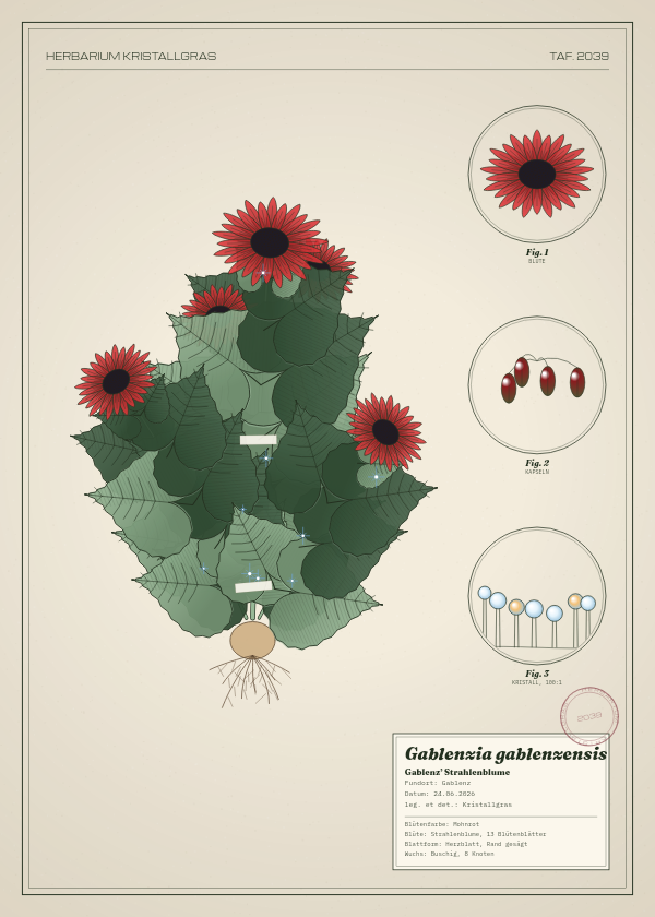 Botanische Tafel: Gablenzia gablenzensis, eine erfundene Pflanze aus Gablenz, gezeichnet wie in einem alten Pflanzenatlas