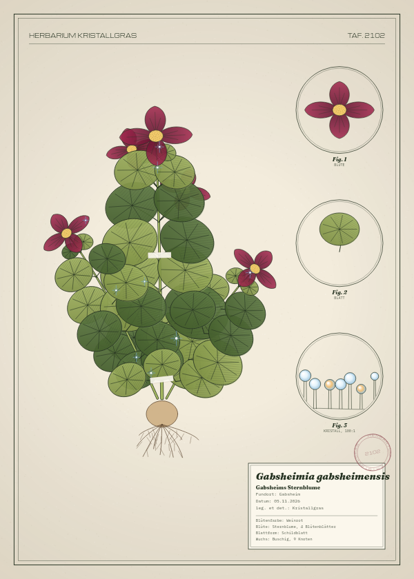 Botanische Tafel: Gabsheimia gabsheimensis, eine erfundene Pflanze aus Gabsheim, gezeichnet wie in einem alten Pflanzenatlas