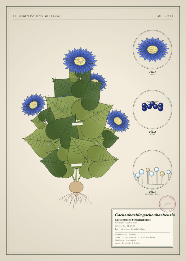 Botanische Tafel: Gackenbachia gackenbachensis, eine erfundene Pflanze aus Gackenbach, gezeichnet wie in einem alten Pflanzenatlas