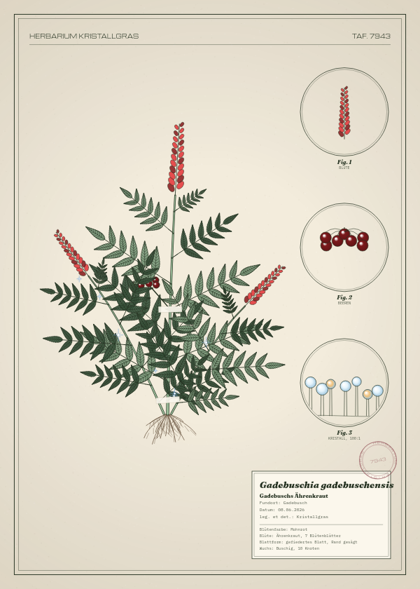 Botanische Tafel: Gadebuschia gadebuschensis, eine erfundene Pflanze aus Gadebusch, gezeichnet wie in einem alten Pflanzenatlas