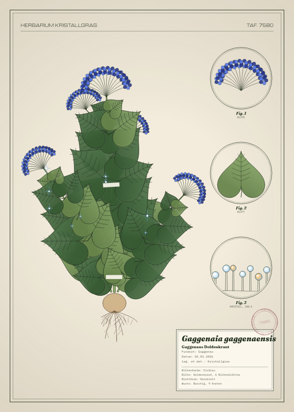 Botanische Tafel: Gaggenaia gaggenaensis, eine erfundene Pflanze aus Gaggenau, gezeichnet wie in einem alten Pflanzenatlas