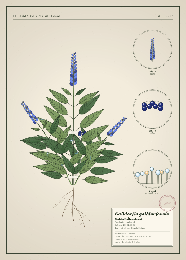 Botanische Tafel: Gaildorfia gaildorfensis, eine erfundene Pflanze aus Gaildorf, gezeichnet wie in einem alten Pflanzenatlas