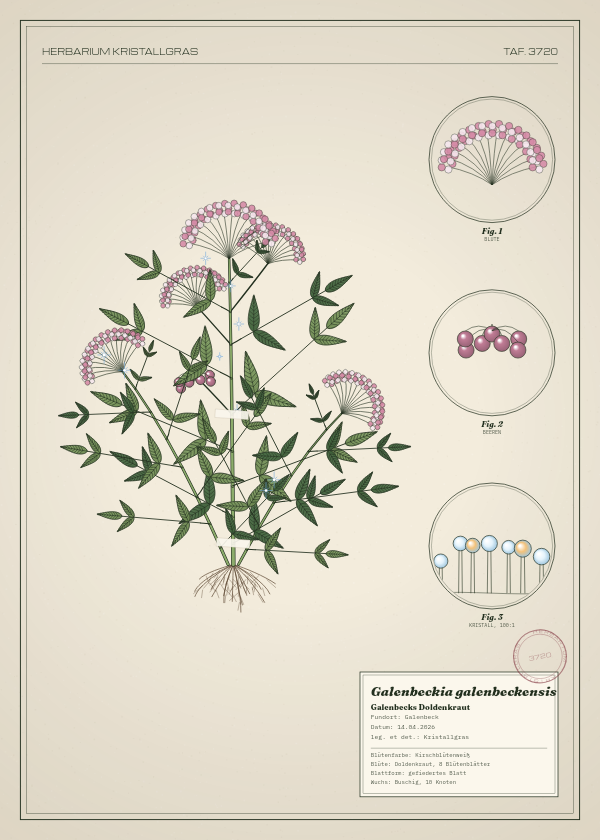 Botanische Tafel: Galenbeckia galenbeckensis, eine erfundene Pflanze aus Galenbeck, gezeichnet wie in einem alten Pflanzenatlas