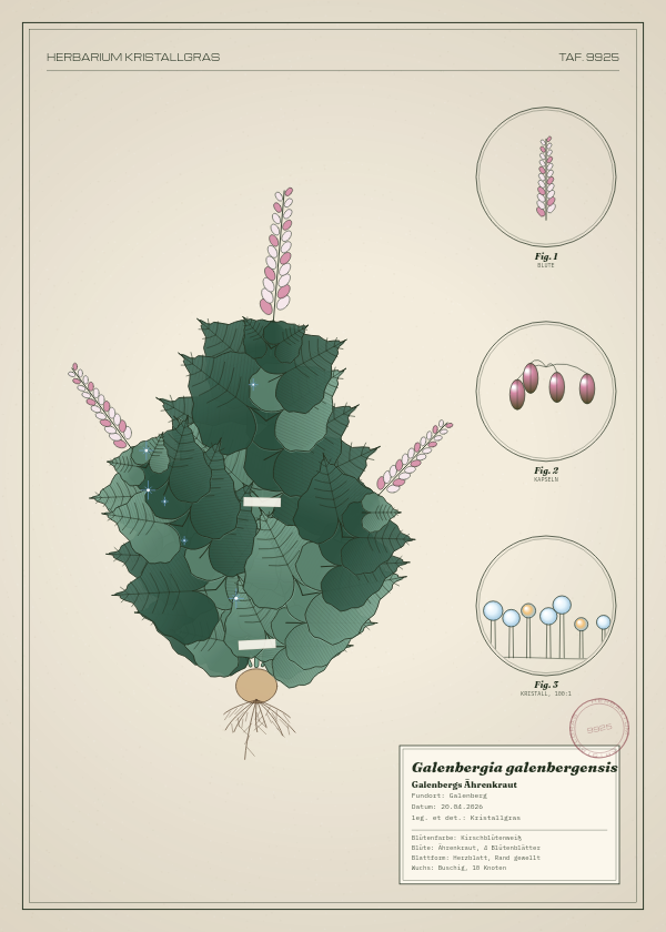 Botanische Tafel: Galenbergia galenbergensis, eine erfundene Pflanze aus Galenberg, gezeichnet wie in einem alten Pflanzenatlas