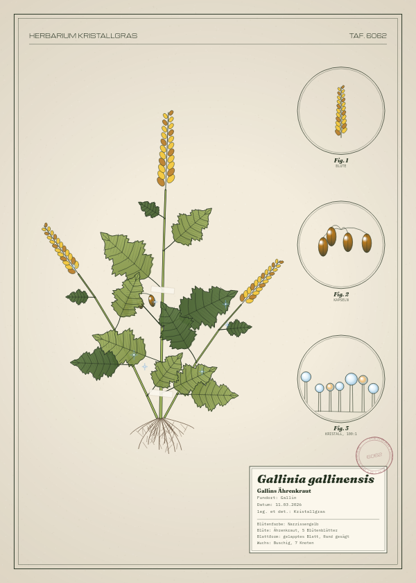 Botanische Tafel: Gallinia gallinensis, eine erfundene Pflanze aus Gallin, gezeichnet wie in einem alten Pflanzenatlas