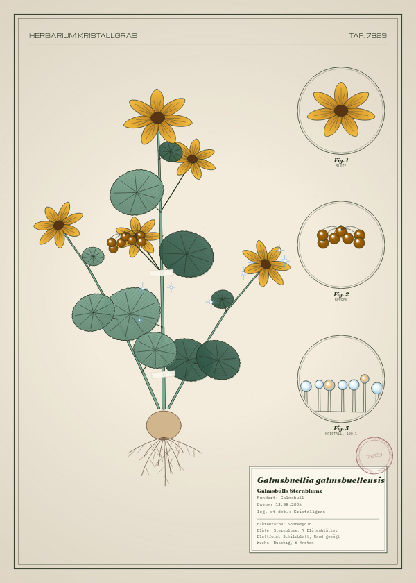 Botanische Tafel: Galmsbuellia galmsbuellensis, eine erfundene Pflanze aus Galmsbüll, gezeichnet wie in einem alten Pflanzenatlas