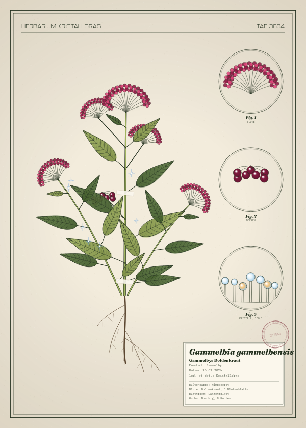 Botanische Tafel: Gammelbia gammelbensis, eine erfundene Pflanze aus Gammelby, gezeichnet wie in einem alten Pflanzenatlas