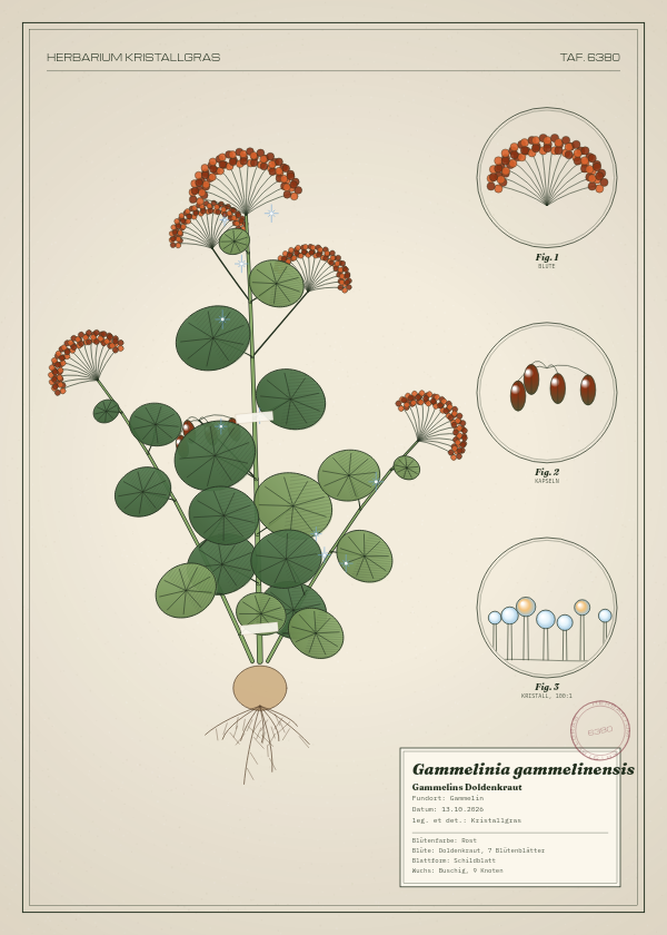 Botanische Tafel: Gammelinia gammelinensis, eine erfundene Pflanze aus Gammelin, gezeichnet wie in einem alten Pflanzenatlas