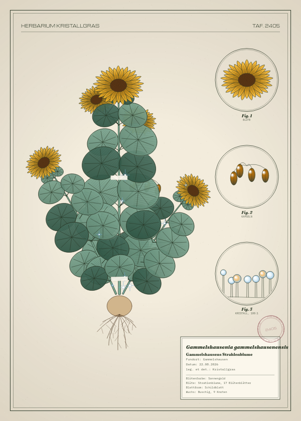 Botanische Tafel: Gammelshausenia gammelshausenensis, eine erfundene Pflanze aus Gammelshausen, gezeichnet wie in einem alten Pflanzenatlas