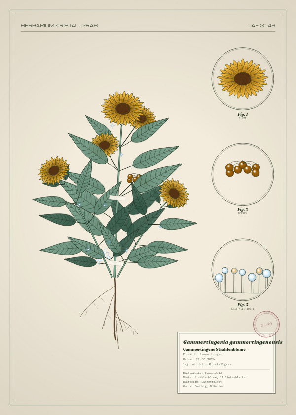 Botanische Tafel: Gammertingenia gammertingenensis, eine erfundene Pflanze aus Gammertingen, gezeichnet wie in einem alten Pflanzenatlas
