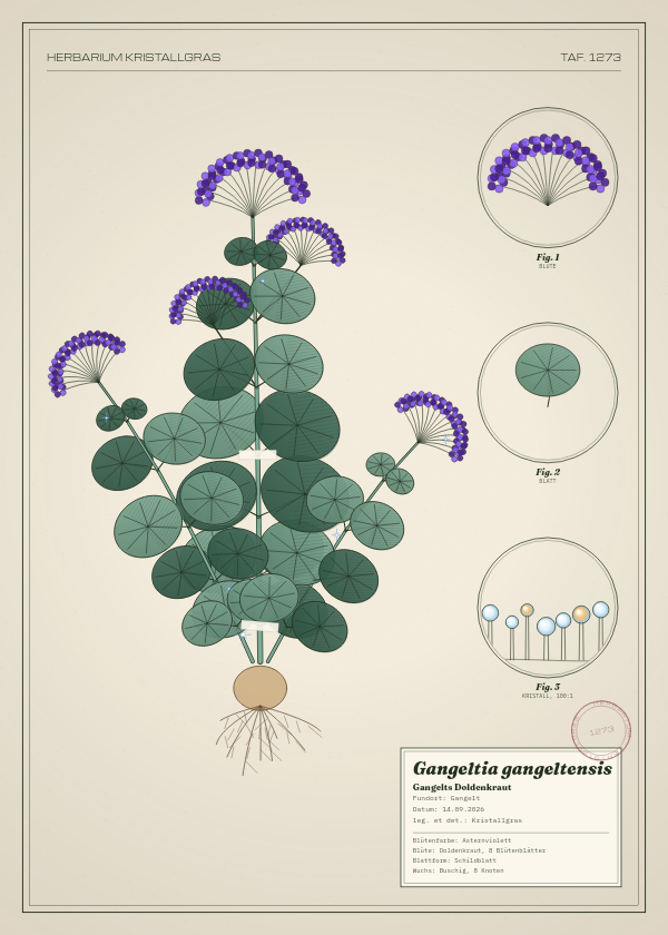 Botanische Tafel: Gangeltia gangeltensis, eine erfundene Pflanze aus Gangelt, gezeichnet wie in einem alten Pflanzenatlas