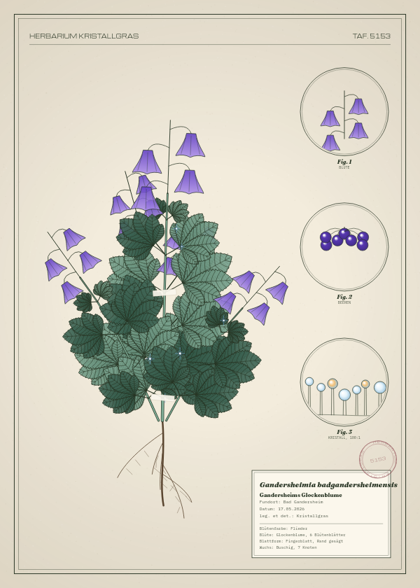 Botanische Tafel: Gandersheimia badgandersheimensis, eine erfundene Pflanze aus Bad Gandersheim, gezeichnet wie in einem alten Pflanzenatlas