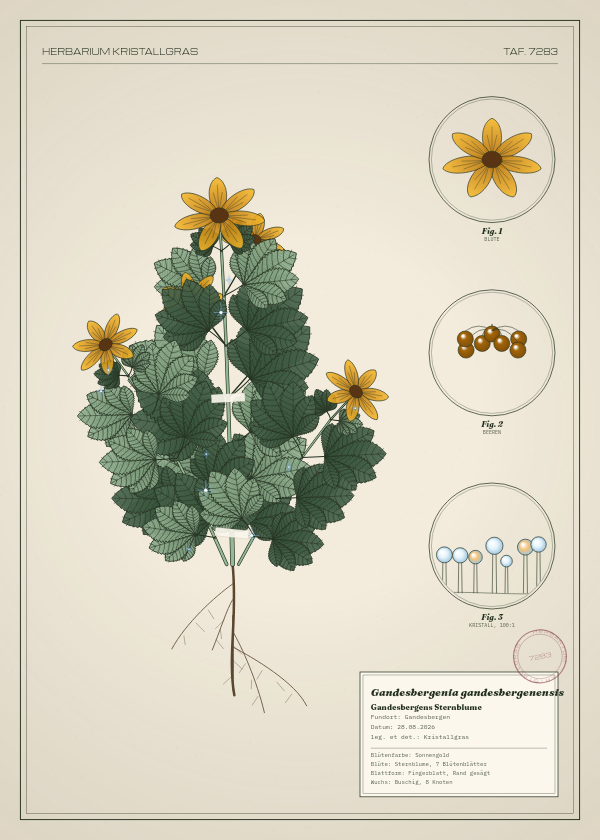 Botanische Tafel: Gandesbergenia gandesbergenensis, eine erfundene Pflanze aus Gandesbergen, gezeichnet wie in einem alten Pflanzenatlas