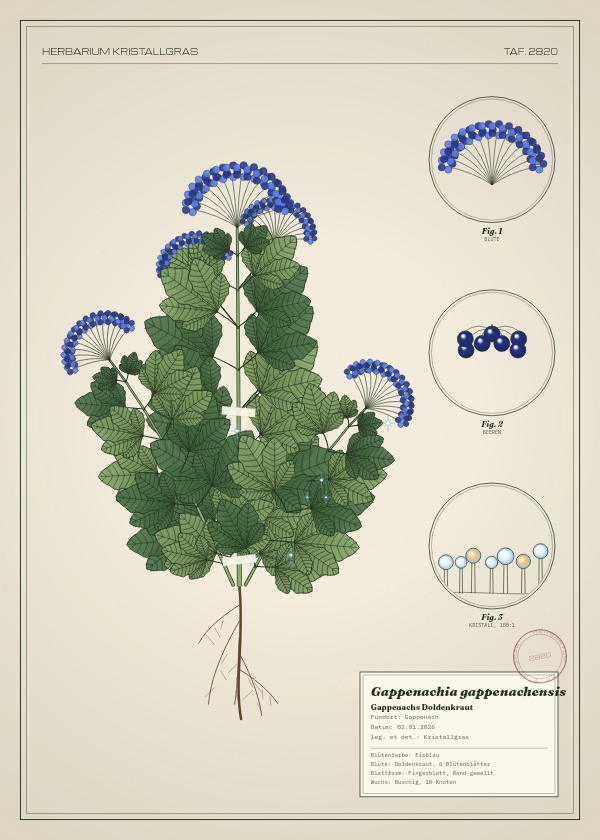 Botanische Tafel: Gappenachia gappenachensis, eine erfundene Pflanze aus Gappenach, gezeichnet wie in einem alten Pflanzenatlas