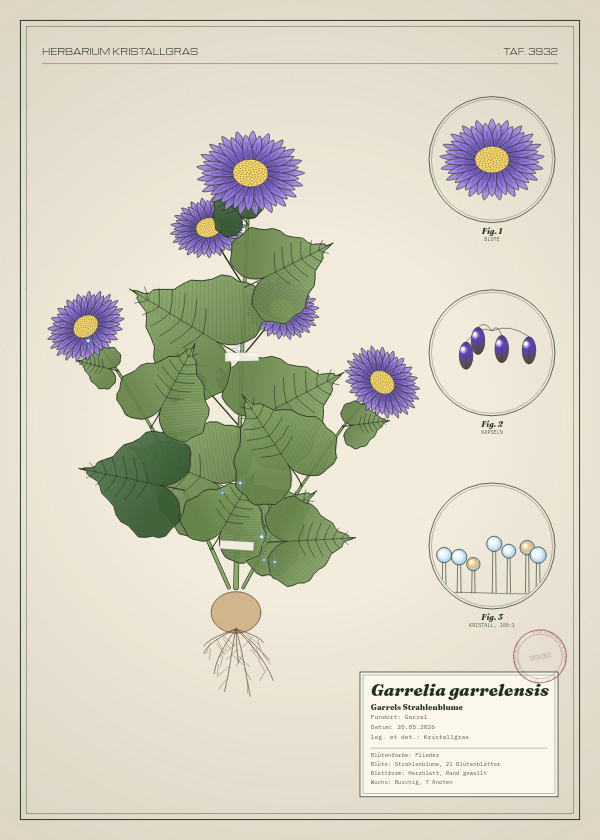 Botanische Tafel: Garrelia garrelensis, eine erfundene Pflanze aus Garrel, gezeichnet wie in einem alten Pflanzenatlas