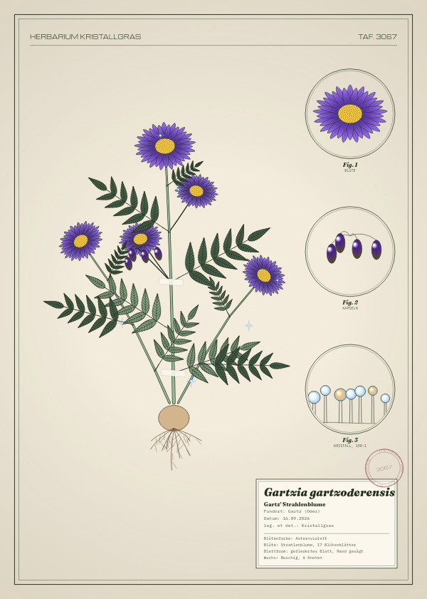 Botanische Tafel: Gartzia gartzoderensis, eine erfundene Pflanze aus Gartz (Oder), gezeichnet wie in einem alten Pflanzenatlas