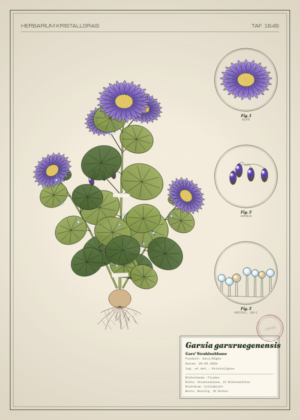 Botanische Tafel: Garzia garzruegenensis, eine erfundene Pflanze aus Garz/Rügen, gezeichnet wie in einem alten Pflanzenatlas