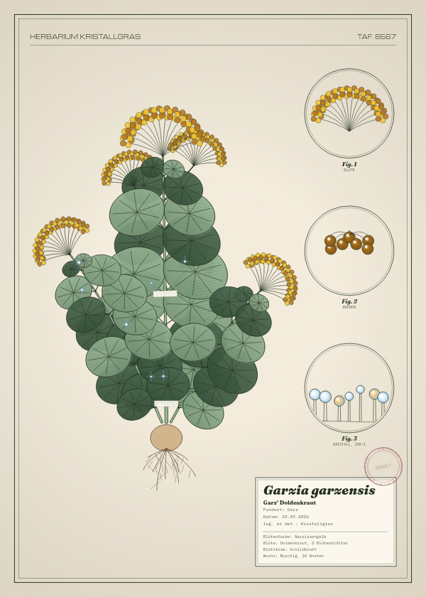 Botanische Tafel: Garzia garzensis, eine erfundene Pflanze aus Garz, gezeichnet wie in einem alten Pflanzenatlas